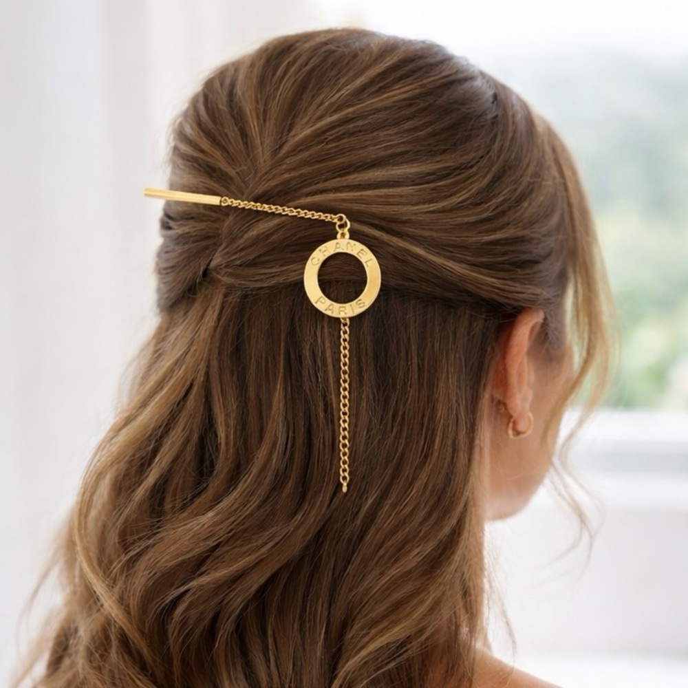 Chanel Paris Style Gold Tone Hair Stick Pin w/ Chain Charm Updo Hair Accessory